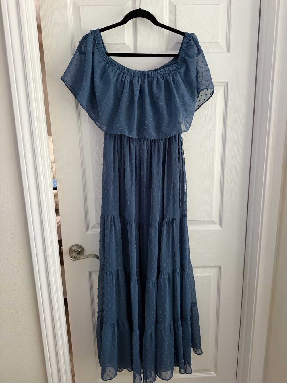 Off-Shoulder Blue Maxi Dress with Ruffle Bodice - Picture 7 of 9